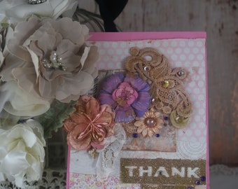 Light Purple and Rose Gold Thank You Card -Friendship gift- Shabby Vintage Design