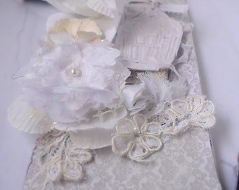 LUXURY WEDDING CARD- Lace and Silk flowers - Handmade - "Best Wishes " - Something old new, borrowed & blue !