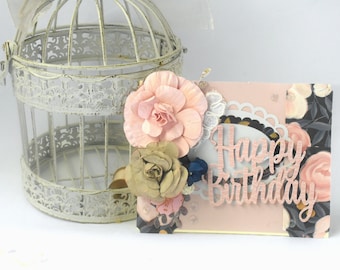 Limited Edition Handmade Birthday Card - Floral Navy and Peach - Keepsake Card Any Age - Shabby Chic Clean Vanilla Cottage Core