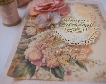 Vintage Lace and Flowers Birthday Card - Bohemian Chic Happy Birthday Card- Light Pink, Pale Pink- Cottage core trend