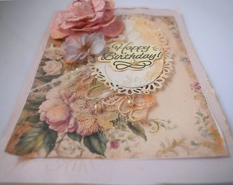 Vintage Lace and Flowers Birthday Card - Bohemian Chic Happy Birthday Card- Light Pink, Pale Pink- Cottage core trend