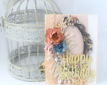 Happy Birthday Card Handmade -Peach Pink and Blue Floral Shabby Chic with Vintage Accents