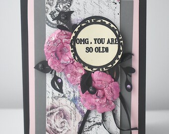 handmade Personalized Pastel Goth Birthday Card - Pink and Black - Gothic Floral Design