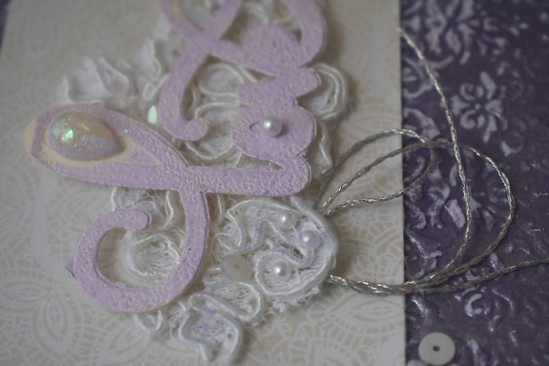 Lavender handmade slimline-embossed purple & vintage lace image 10