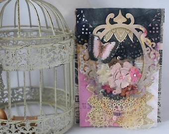 Shabby Chic Pink and Black Card with Mixed Media Accents -Friendship gift- Sequins, Butterflies, Paper Flowers