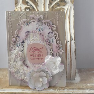 Shabby Chic Lavender and Silver Floral Card with Beaded Lace - Best Wishes Sentiment