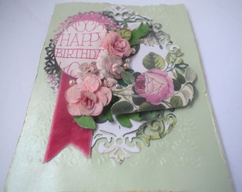 Cottage Core Garden Chic Birthday Card -Velvet Ribbon & Pink Roses - Vintage Pearls