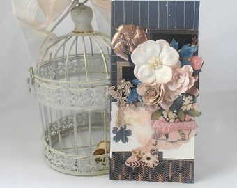 Handmade Slimline Shabby Chic Mothers Day Card - Navy and Rose Gold -with Millinery Flower & Mixed Media Accents