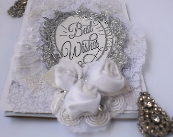 Lace and Ribbon Wedding Card - Handmade - "Best Wishes " - Something old new & borrowed !