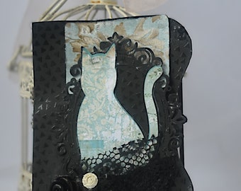 Blue and Black Vintage Cat Sympathy Card - Handmade Condolence Card