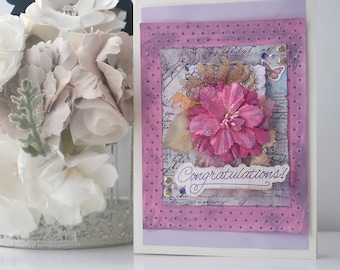 Intricate Handmade Floral Congratulations Card in Pink, Purple, and Grey