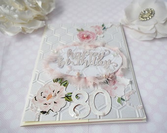80th Birthday Floral Pink and White Handmade Card - Limited Edition-Coquette Birthday Keepsake