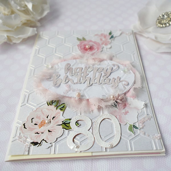 80th Birthday Floral Pink and White Handmade Card - Limited Edition-Coquette Birthday Keepsake