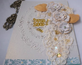 Hebrew Sentiment 'Mazel Tov' Card - Handmade Romantic & Elegant, Handcrafted Gold and white Roses.