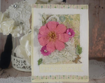 Vintage lace & flowers greeting card- Boho chic - Thank You card- Weddings, Birthdays, Baby Showers