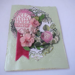 Garden Chic Birthday Card -Velvet Ribbon & Pink Roses - Vintage Pearls