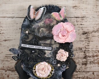 Original Art Assemblage Pink and Black, Handmade Pastel Goth Wall Art, vintage style home decor