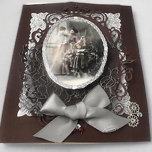 Romantic Victorian Holiday Card, tree-trimming scene, handmade