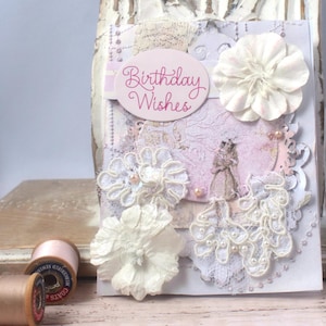 Shabby Chic Birthday Card -Victorian Rose and Delicate Lace Accents