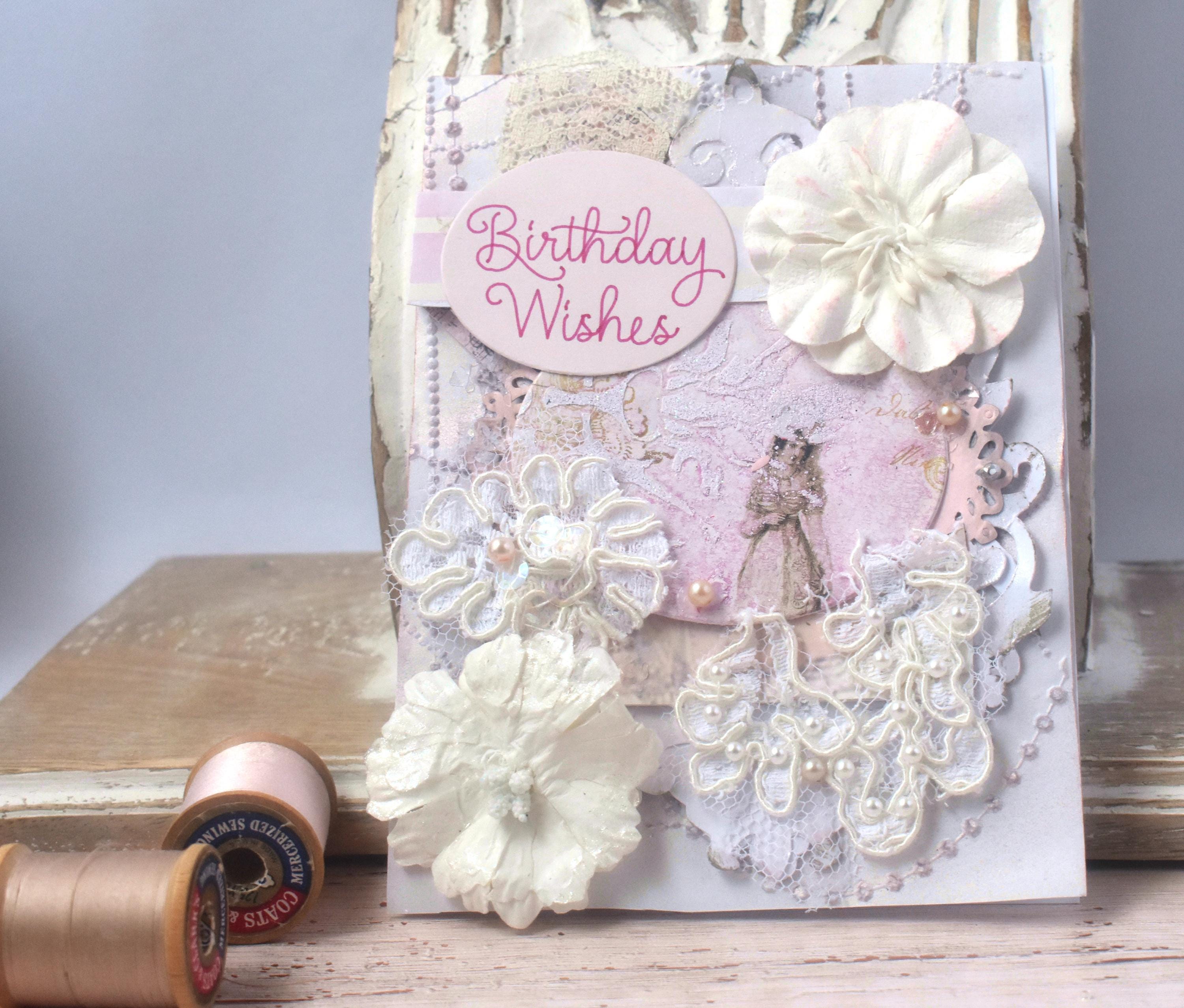 Shabby Chic Birthday Card -Victorian Rose and Delicate Lace Accents