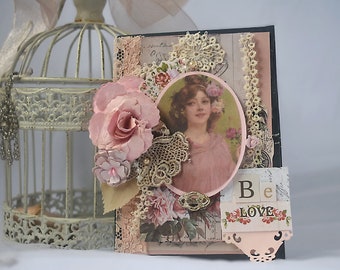 Handmade Shabby Chic Card with Millinery Flower & Mixed Media Accents