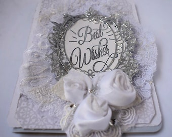 Lace and Ribbon Wedding Card - Handmade - "Best Wishes " - Something old new & borrowed !