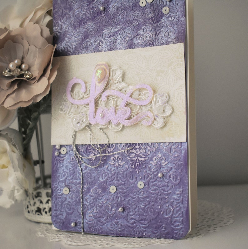 Lavender handmade slimline-embossed purple & vintage lace image 2