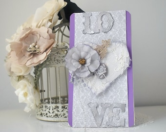 LOVE Card - handmade tattered heart with vintage lace, flowers and lace trim