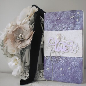 Lavender handmade slimline-embossed purple & vintage lace image 1