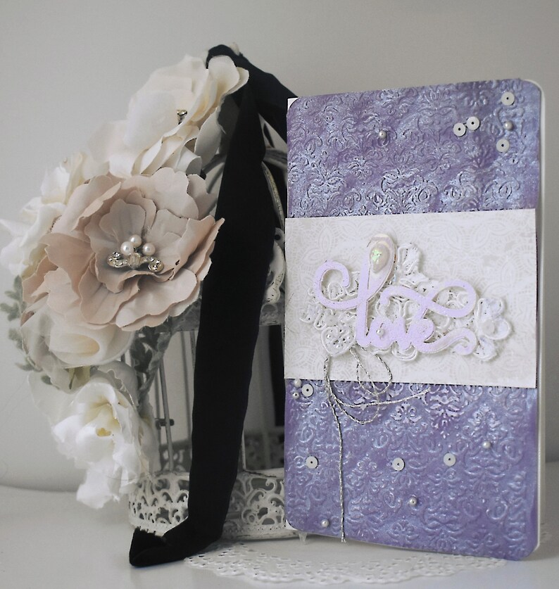 Lavender handmade slimline-embossed purple & vintage lace image 1