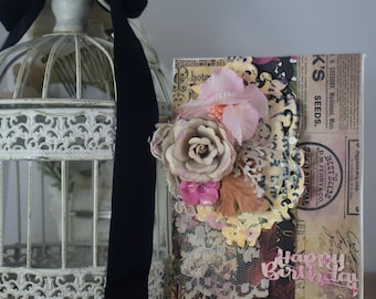 Romantic assemblage Happy Birthday Card - Handmade- Up-cycled Flowers-  lace trim- Personalized age added