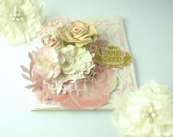 LUXURY WEDDING CARD- Hebrew " Mazel Tov " -Handmade Greeting card- Pink Mixed media Fairy-tale style