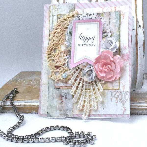 Vintage Lace Floral Birthday Card: Handmade Shabby Chic Style