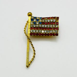 Vintage American Flag Patriotic Pin Brooch Crystal Rhinestones, Gold Tone
