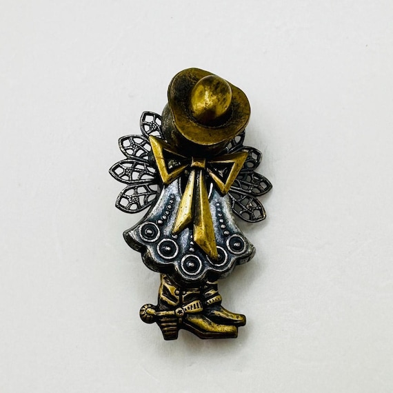 Vintage Cowgirl Angel Brooch Pin, Mixed Metal, Cowboy Hat, Western