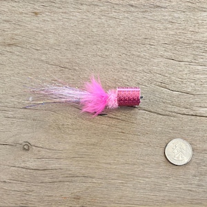 Könnte beinhalten: Eine rosa-silberne Angel-Fliege mit zylindrischem Körper und Feder-Schwanz. Die Fliege liegt auf einem Holzgrund, mit einer Münze zum Größenvergleich. Die Fliege ist zum Fangen von Fischen bestimmt.