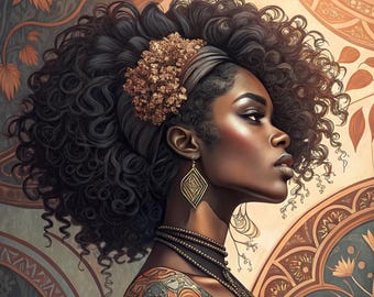 African Woman Vintage Art, Black Women Gallery Decor, Afro American Girl Portrait, Black Feminine Painting, Women African Wall Art Print