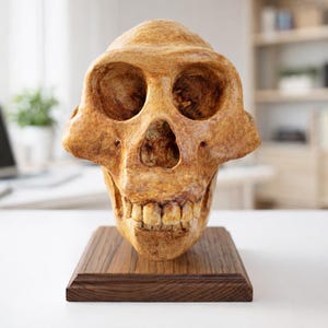 May include: A detailed replica of a hominid skull, showcasing a light brown, weathered appearance. The skull is mounted on a dark wooden base, highlighting the intricate details of the bone structure. Ideal for educational displays or home decor.