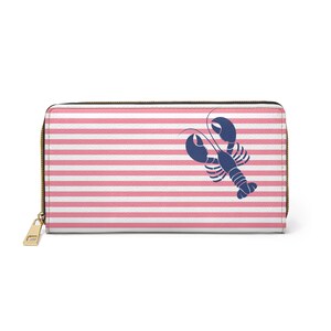 Cartera con cremallera y rayas costeras, monedero náutico para amantes de la playa, diseño de langosta y cangrejo, celebraciones de verano, divertido accesorio de viaje de verano