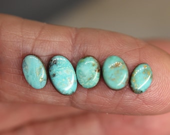 May include: Five oval-shaped turquoise gemstones with a polished finish. The stones vary slightly in size and feature a mix of light blue and brown hues. The gemstones are displayed on a neutral background.