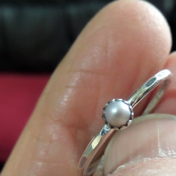Tiny Pearl and Sterling Silver Stacker Ring
