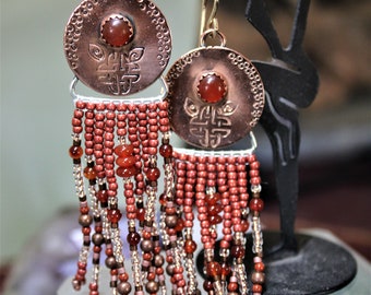 Copper and Carnelian Earrings with Beaded Fringe