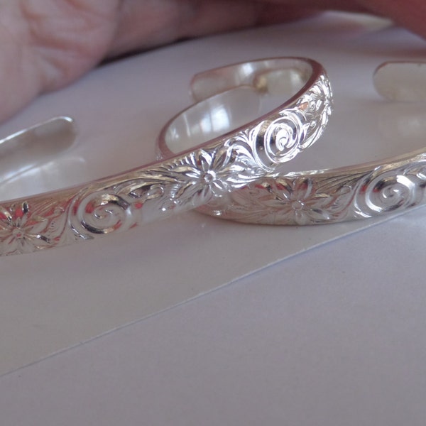 Sterling Silver Cuff with Spirals and Flowers for Newborn or One Year Old Baby