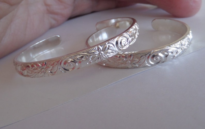 Sterling Silver Cuff with Spirals and Flowers for Newborn or One Year Old Baby image 1