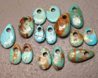 May include: A collection of fourteen polished turquoise pendants in various shapes and sizes, each featuring a single drilled hole at the top. The stones display a mix of vibrant blue and teal hues with prominent brown matrix veining throughout.