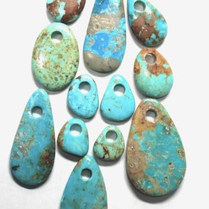 May include: A collection of eleven polished turquoise pendants in various shapes and sizes, each featuring a drilled hole at the top. The stones display natural variations in blue and green hues with brown matrix veining throughout the surfaces.