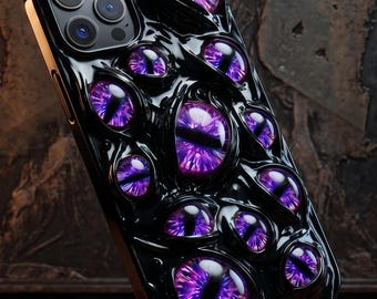 光る猫の目型スマホケース、手作りの3Dゴシックホラーケース（iPhone、Samsung Pixel対応）、暗闇で光るケース