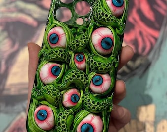 Bio-Horror 3D Cthulhu Phone Case with Tentacles & Eyeball, Handmade Resin Art Cover for iPhone 17/16/15 pro max, Galaxy S24/S25