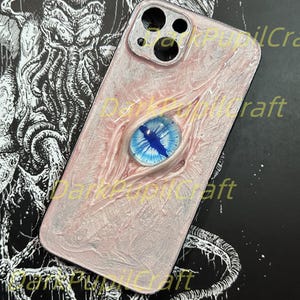 Handmade Gothic Horror Phone Case with 3D Eyeball – Flesh Texture Resin Cover for iPhone & Samsung Pink+Blue