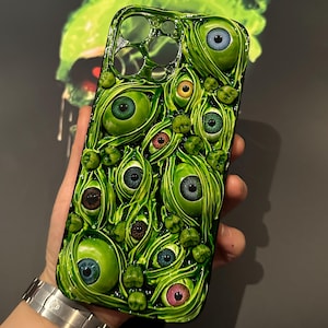 3D Eyeball Phone Case, Bio-Organic Green Slime Texture, Horror Art Cover for iPhone & Samsung